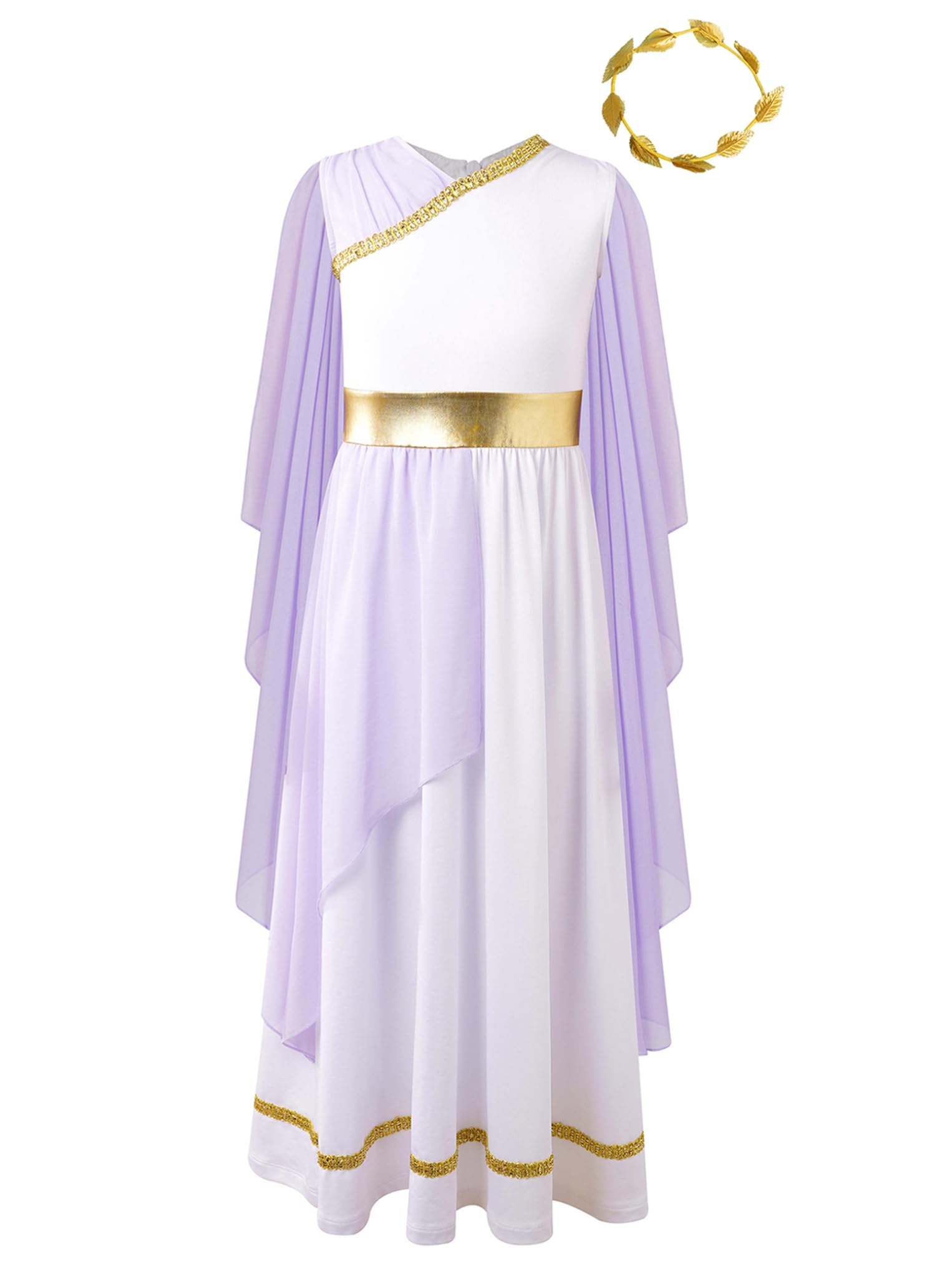 Oyolan Kids Girl's Greek Toga Roman Princess Dress-up with Headband Set Ancient Greece Mythos Philosopher Grecian Outfit Lavender 13-14 Years