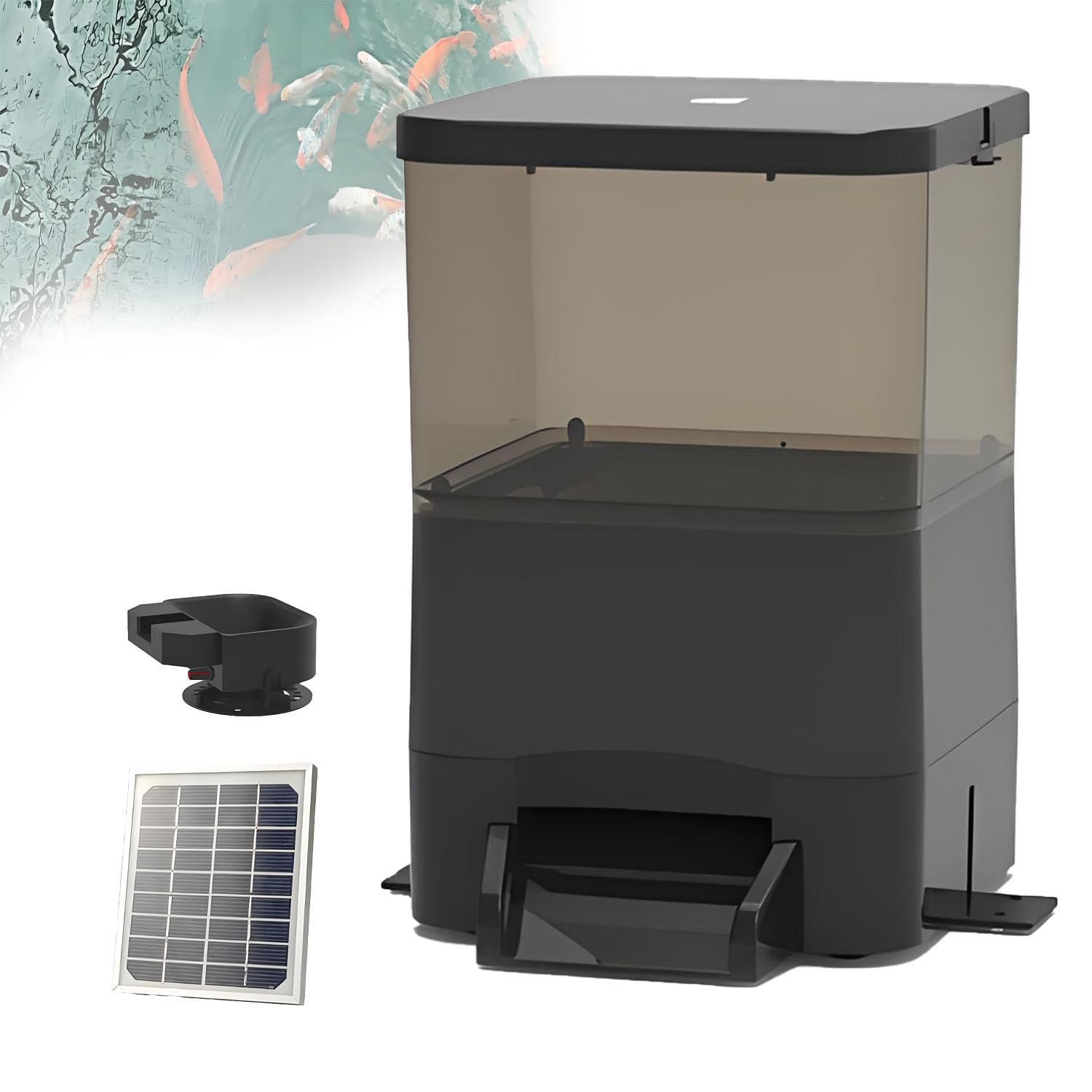 Distributore Elettrico di mangime per Pesci, distributore Automatico di mangime per laghetto, Grande capacità 7,5 Litri, con Timer, Ampia dispersione a 120°, per laghetti/acquari. Black-10L