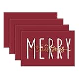 ONWAY Merry Christmas Gold Placemats 12x18 Inch Set of 4 Xmas Winter Holiday Place Mats for Home Party Kitchen Dining Table Decorations