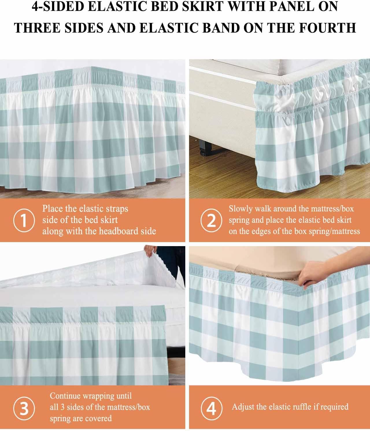 Bed Skirt Teal White Buffalo Plaid Bedskirt 18 Inch Drop Classic Checked Elastic Wrap Around Bed Skirts Dust Ruffle for Cal King Size Bed