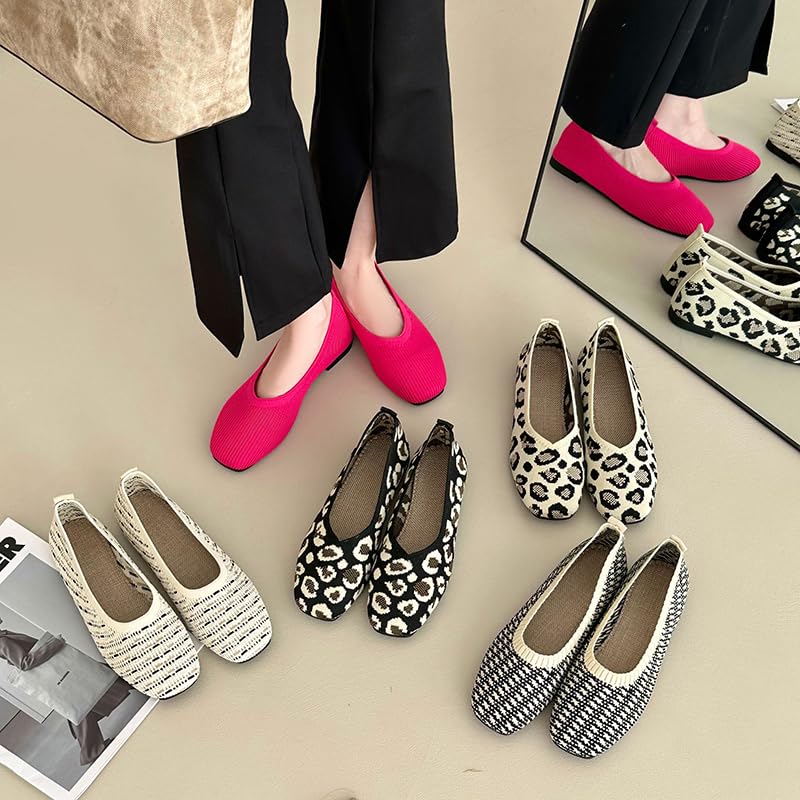 Image of RVROVIC Women's Knit Square Toe Ballet Flats, Slip‑On Casual Flat Shoes