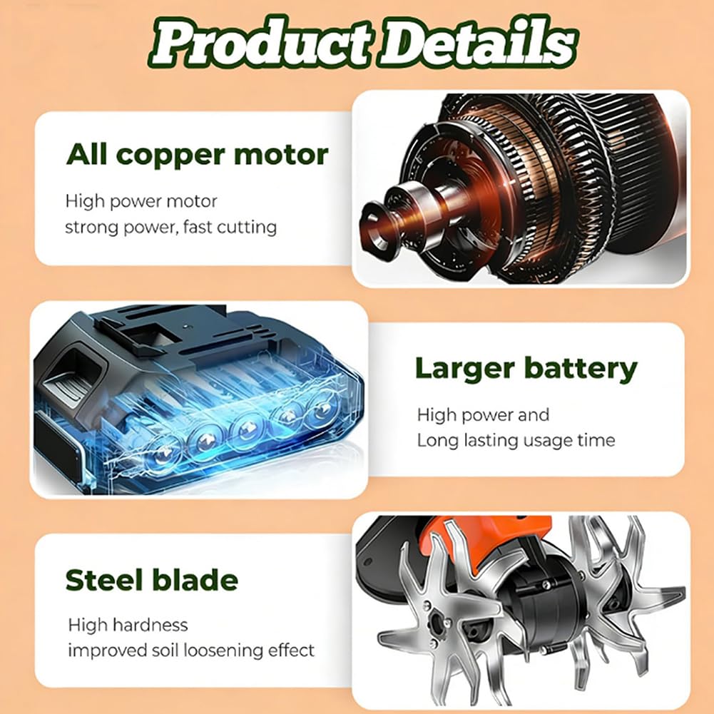 Labrador inalámbrico de 21 V para jardinería, cultivadores eléctricos y cultivadores, rotavador de batería, escarificador de jardín para césped, 360 RPM, ancho de labranza de 5 pulgadas, profundidad
