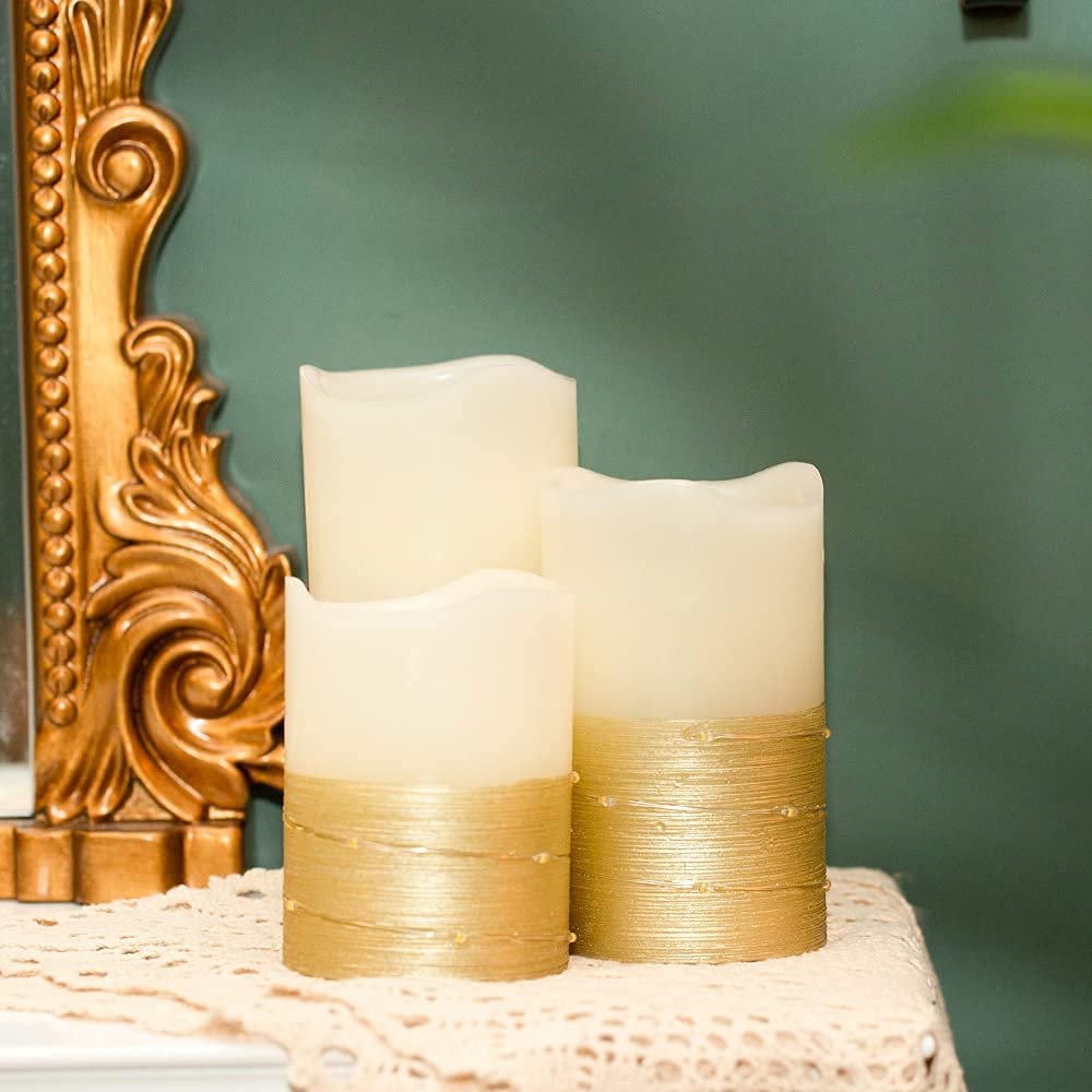 Flickering LED Candle Set with Daily Timer,BeMoment Flameless Candles,Embedded String Lights Stay Lit,Golden Stripes Decorative,Real Wax,Battery Powered,Set of 3(H 4" 5" 6" x D3)