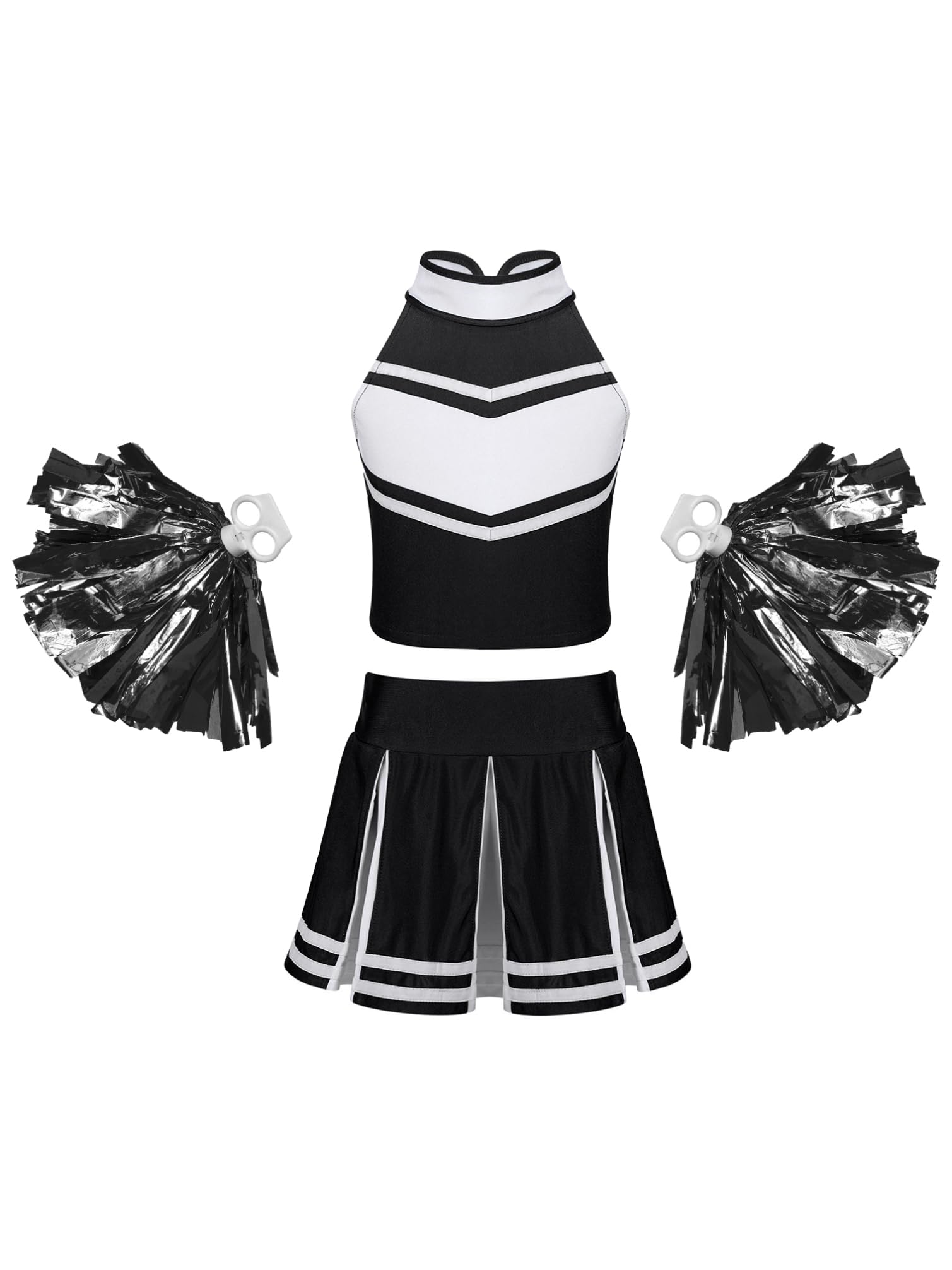Moily Big Girls Classic Cheerleading Team Uniform High Neck Crop Top with Pleated Boxer Skirts Rooter Stage Suit