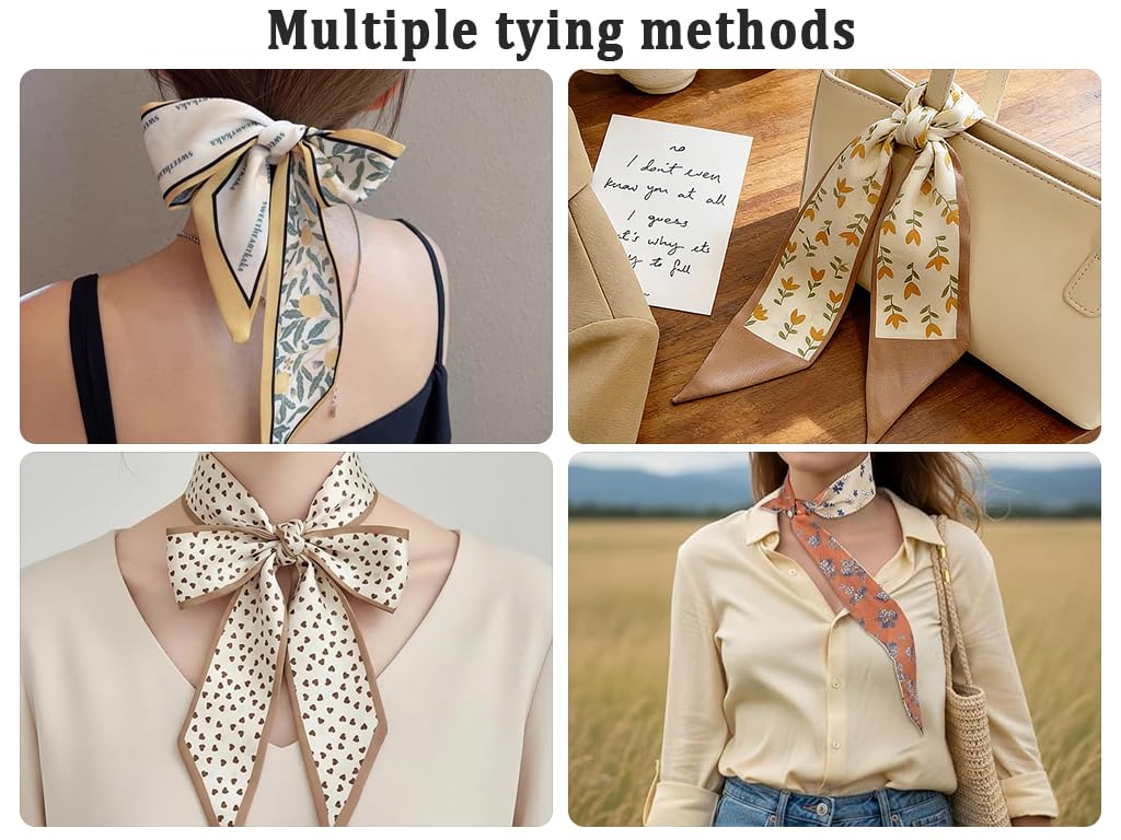 Foulard Capelli Donna in Raso Effetto Seta, 8 Pezzi Sciarpa Stretta Multiuso con Fantasie Floreali, Sciarpa a Nastro per Borsetta, Testa Collo Decorazione Copricapo Sciàrpa, per Borse, Capelli,