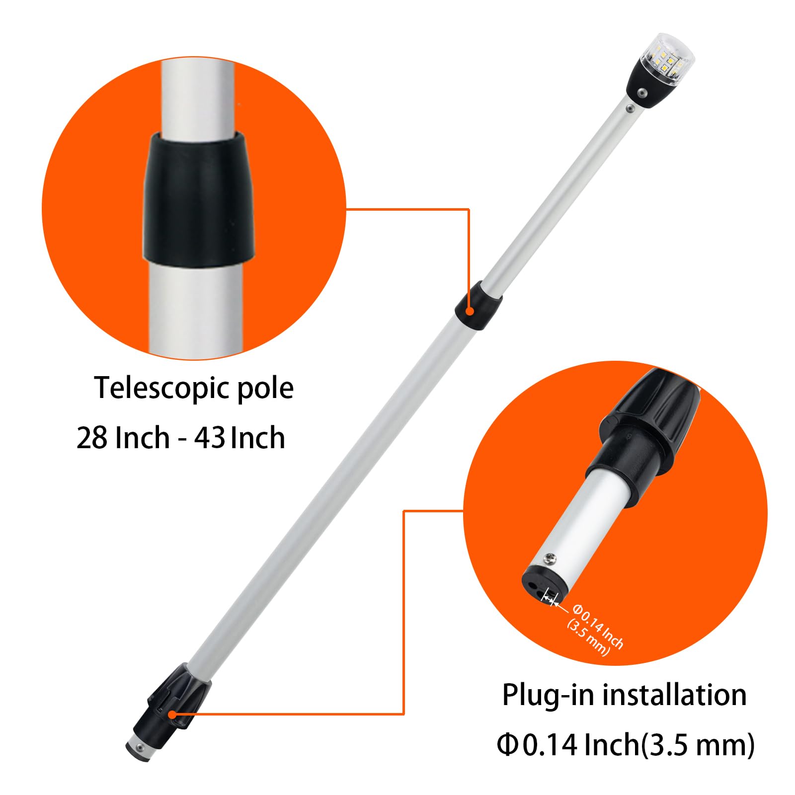 Luce di poppa/ancoraggio telescopica in alluminio, navigazione a LED a tutto tondo, 10-30 VDC, 28-43 pollici, base plug-in rimovibile, per pontone e barche
