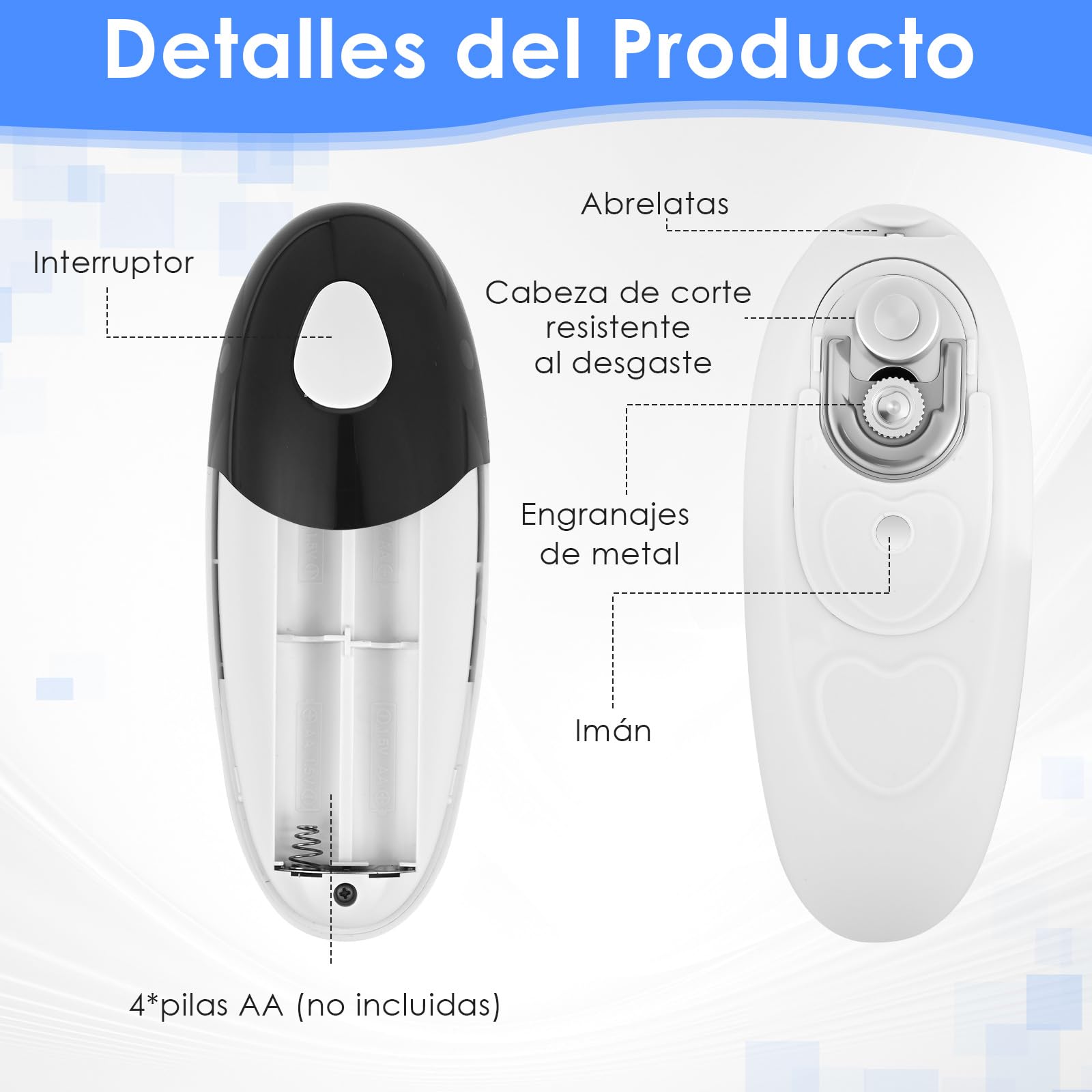 Abridor de Latas Eléctrico Automático, Abre Todo Tipo de Latas con Solo Pulsar un Botón - Ideal para Cocineros, Mayores, Niños y Personas con Movilidad Reducida