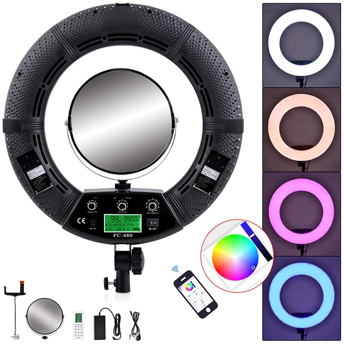Luce ad anello a LED da 18", 48 W, dimmerabile, con telecomando e controllo app, temperatura di colore 2800 K-9990 K, RGB+W CRI≥95A, per streaming live, trucco, fotografia, produzione video (senza