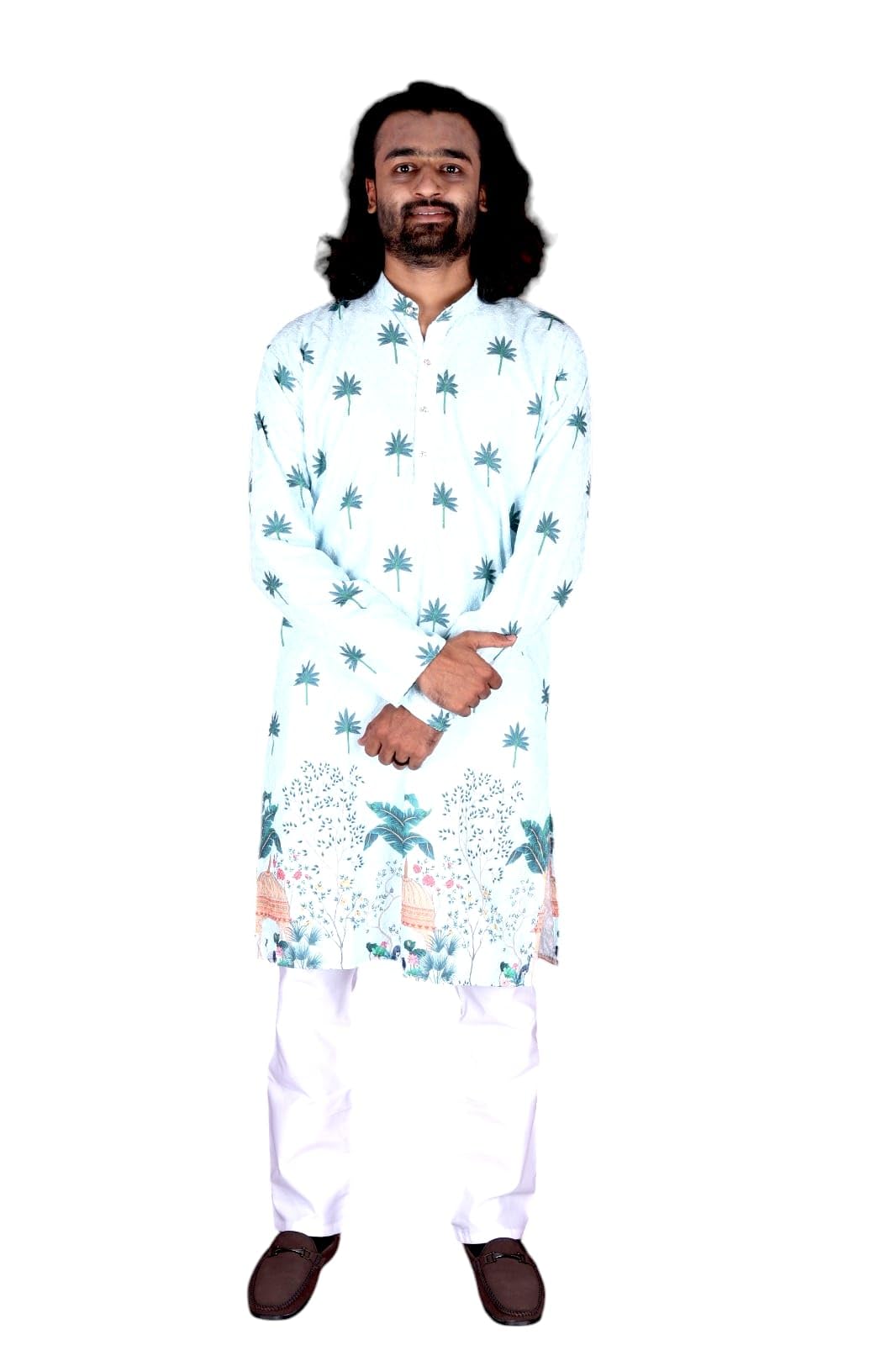 Men's Long-Sleeved Kameez with Floral Pattern and Includes Matching Shawl-picture-31