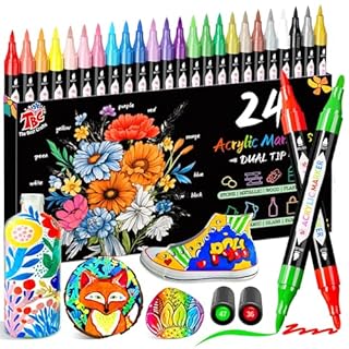 TBC The Best Crafts 24 Colors Dual Tip Acrylic Paint Markers,Waterproof, Non-Toxic, odorless, Suitable for Paper, Pottery, Stones, Backpacks, Glass, Eggs, Fabrics, Plastics, handicrafts