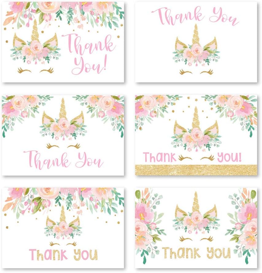 Hadley Designs 24 Unicorn Thank You Cards With Envelopes - 4x6 Kids ThankYou Notes Bulk, Baby Shower Thank You Cards Girl, Blank Teacher Appreciation Notes, Unicorn Party Supplies, Made In USA