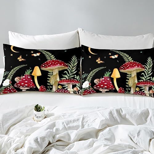 Miniatura 4 de VIVIHOME - Juego de ropa de cama de 3 piezas de hongos trippy, funda de edredón tamaño Queen, ropa de cama negra, luna estrella, mariposa, flor,