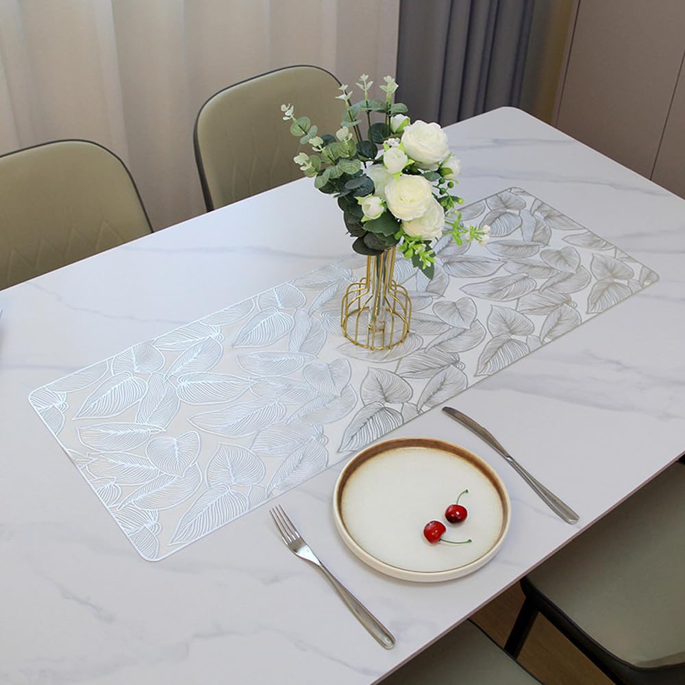 Hosoncovy PVC Table Runner Non-slip Decorative Leaf Table Mats Placemat for Home Party Kitchen Dining Wedding Decor (91CM X 33CM) (Silver)