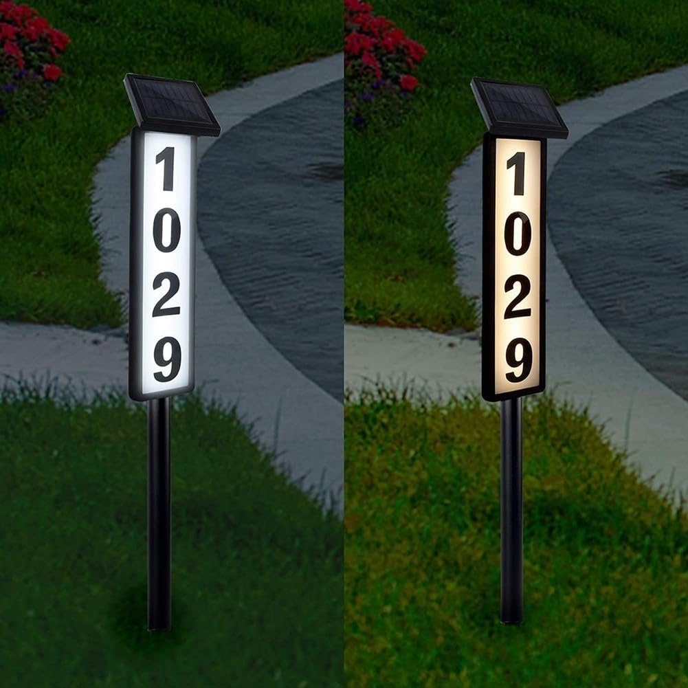 Número de casa solar iluminado, resistente al agua, con paneles duales, altura regulable, 3 temperaturas de color, placa LED para dirección de jardín, entrada de jardín, material ABS, incluye juego de