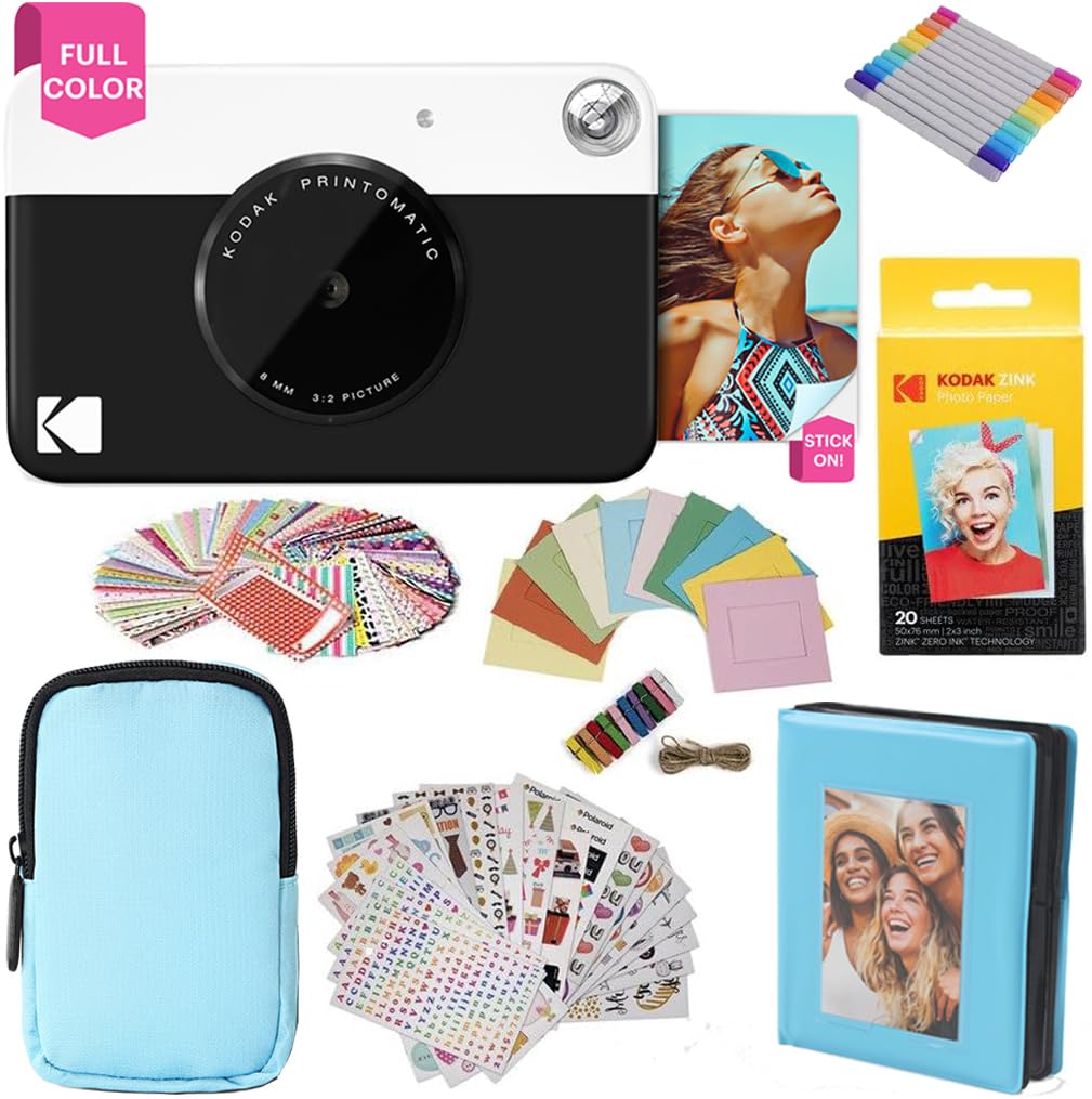 KODAK Printomatic fotocamera a stampa istantanea + custodia morbida + carta fotografica Zink 2x3" 20pz + album + adesivo + cornici per adesivi + cornici sospese + pennarelli - Nero
