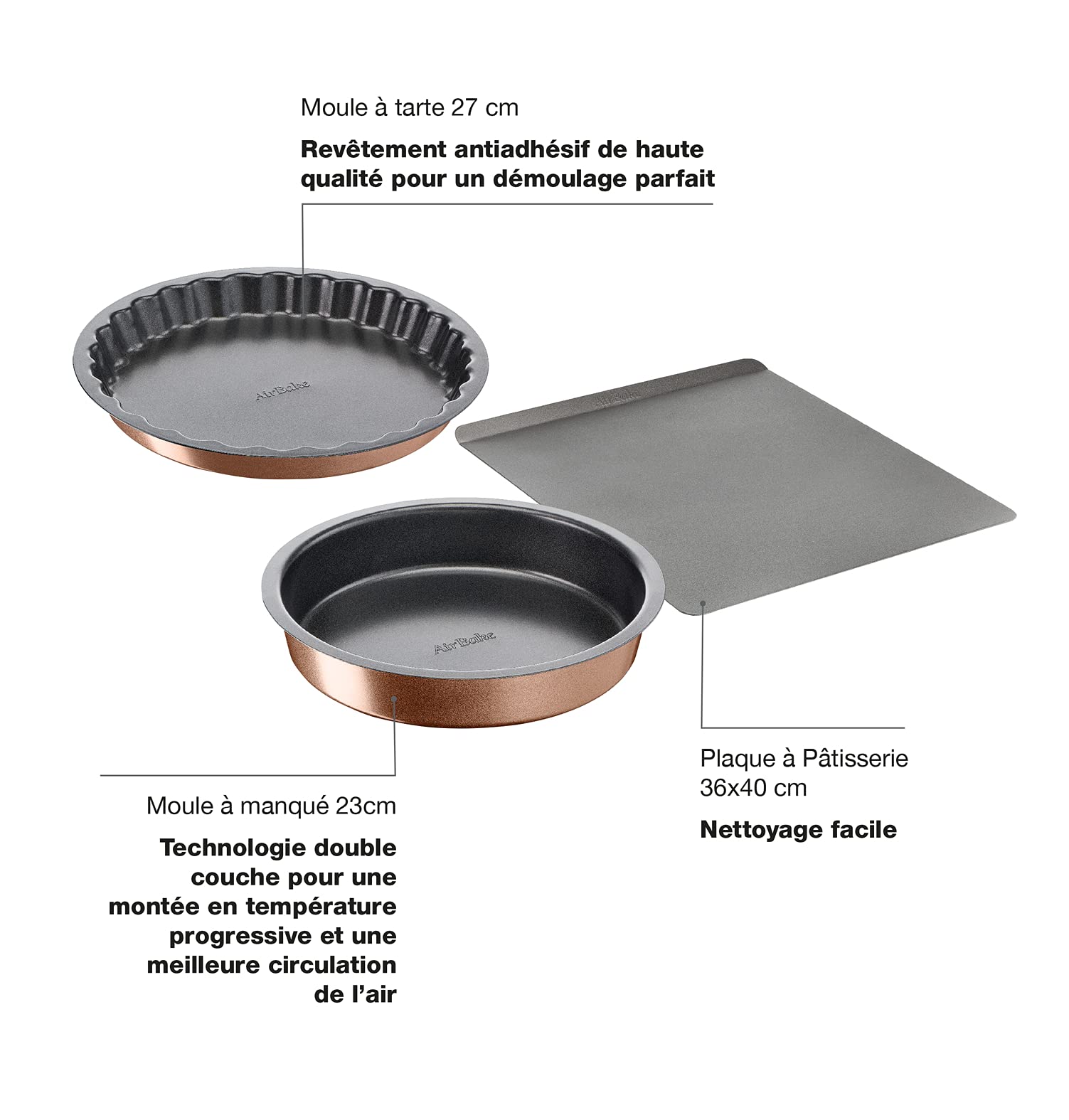 Tefal Airbake Springform 23 cm + Tortenform 27 cm + Backblech 30 x 35 cm, perfektes Backen, Antihaftbeschichtung, gesundes Kochen, umweltfreundlich, spülmaschinenfest, YY4833FA
