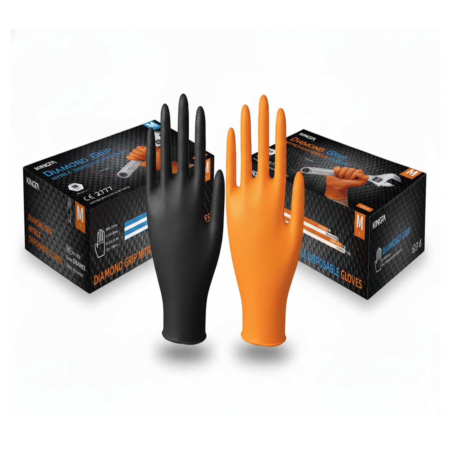 KINGFA DIAMOND GRIP Extra Stark Nitrilhandschuhe | Hochfeste, texturierte Einweghandschuhe für Kfz, Industrie & Labor | Arbeitshandschuhe Öl- und Chemikalienbeständig | 50 Stk/Box (500, Schwarz, XL)