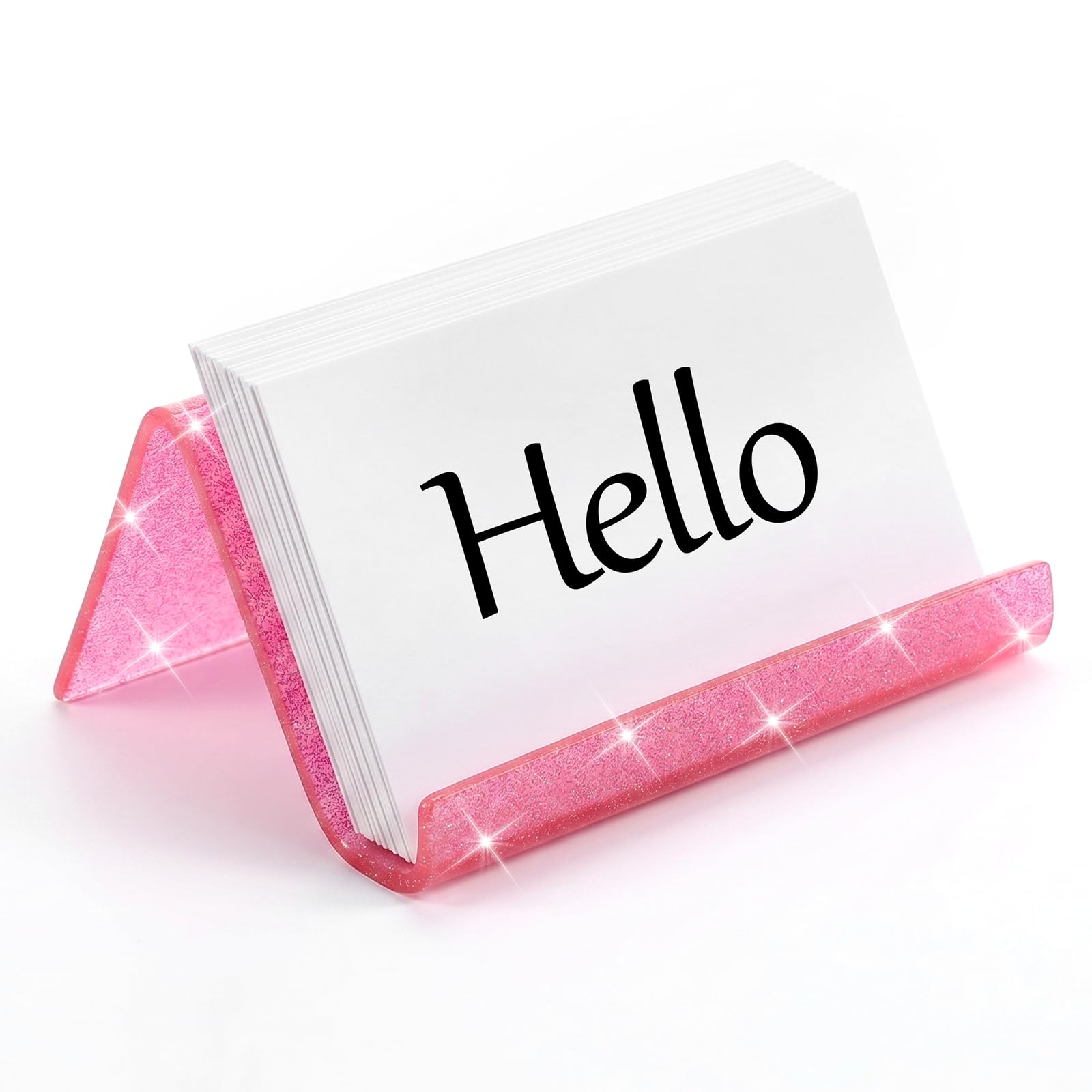 RAHHLIZS Pink Glitter Business Card Holder for Desk, Desktop Business Cards Holder, Plastic Business Card Stand for Office Home Daily Use