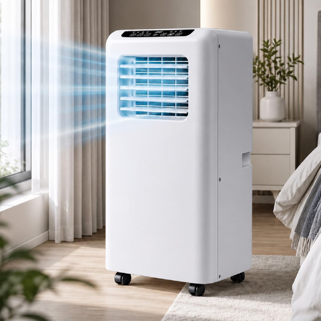 Aire Acondicionado Portátil con Refrigeración por Compresor, Modos de Deshumidificación y Solo Ventilación, Temperatura Ajustable, Velocidades Baja, Media y Alta 5000BTU