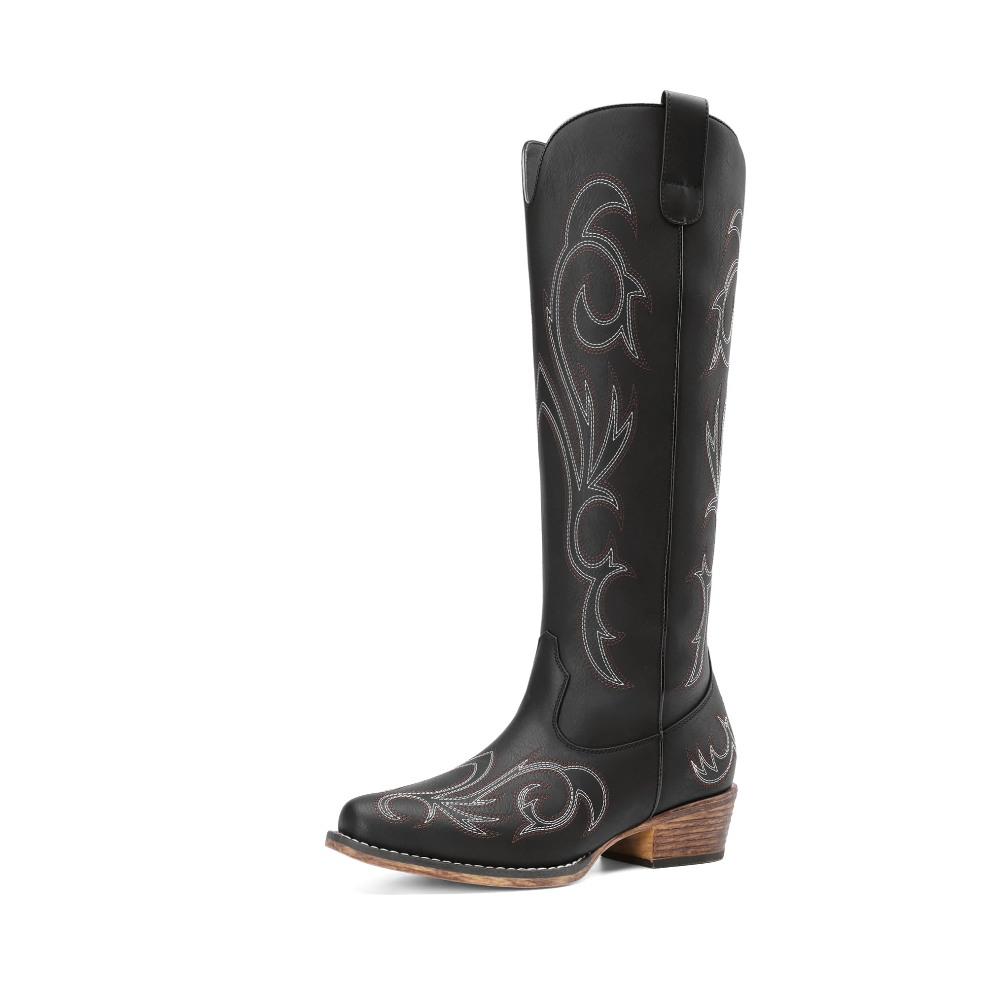 DREAM PAIRS Damen Kniehohe Westernstiefel Cowboy-Stiefel | Feine Stickerei, Halber Reißverschluss, Anziehlasche, Bequeme Decksohle, 4cm Absatz, Vielseitig & Mühelos Kombinierbar