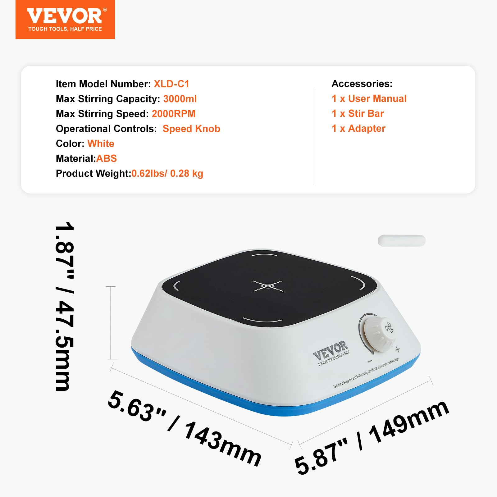 VEVOR Agitateur Magnétique 0-2000 tr/min 3000 mL Mélangeur Magnétique à Plaque Vitesse d'Agitation Réglable Agitateur de Laboratoire avec Barre d'Agitation pour Recherche Étude Expérience École Labo