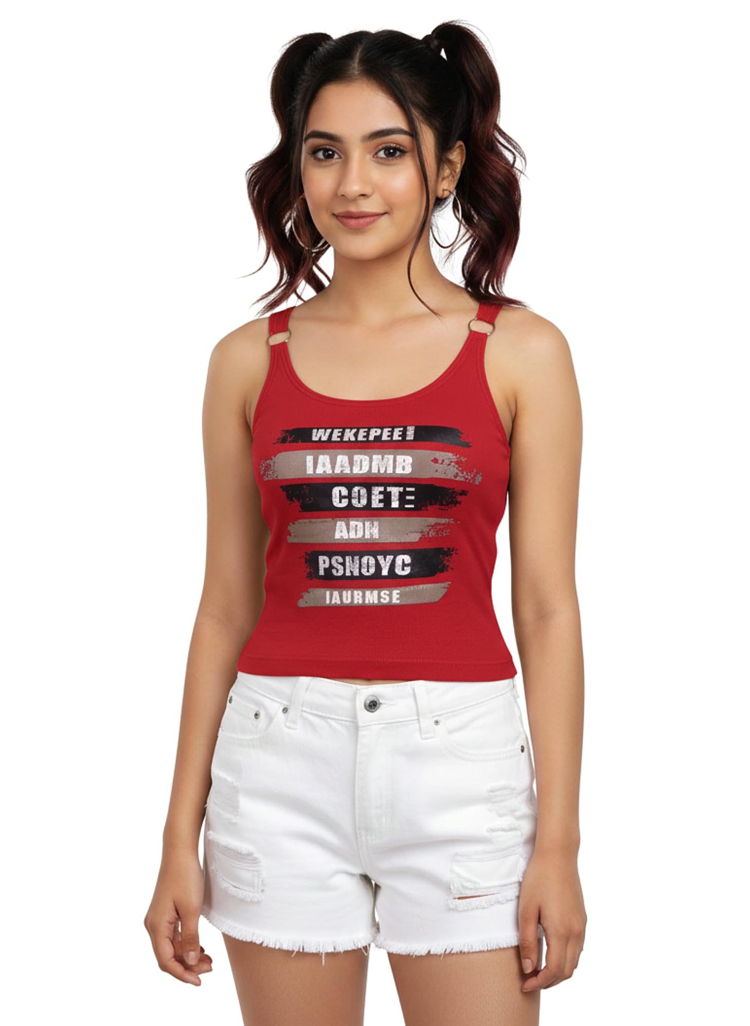Khwaish Girl Cotton Padded Sleeveless Tank Top | Attached Metal Ring Shoulder Strap | Graphic Text Print Vest | Casual Summer Camisole Crop Top (in, Age, 13 Years, 14 Years, Regular, 1, Red)