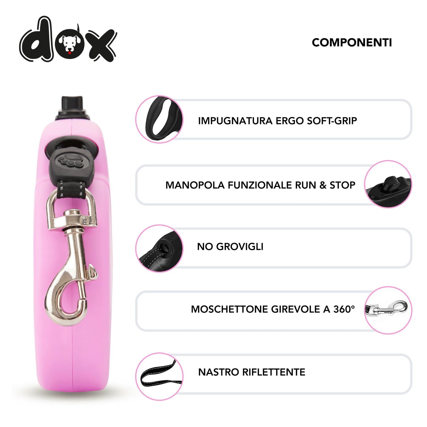 DDOXX Guinzaglio per Cani Allungabile | Colori e Misure Diverse | per Cani Piccoli e Grandi | Accessori Cane Guinzaglio a Bretella Retraibile | Guinzaglio per Gatti e Cani | L, 5 m, Fino a 50 kg, Rosa