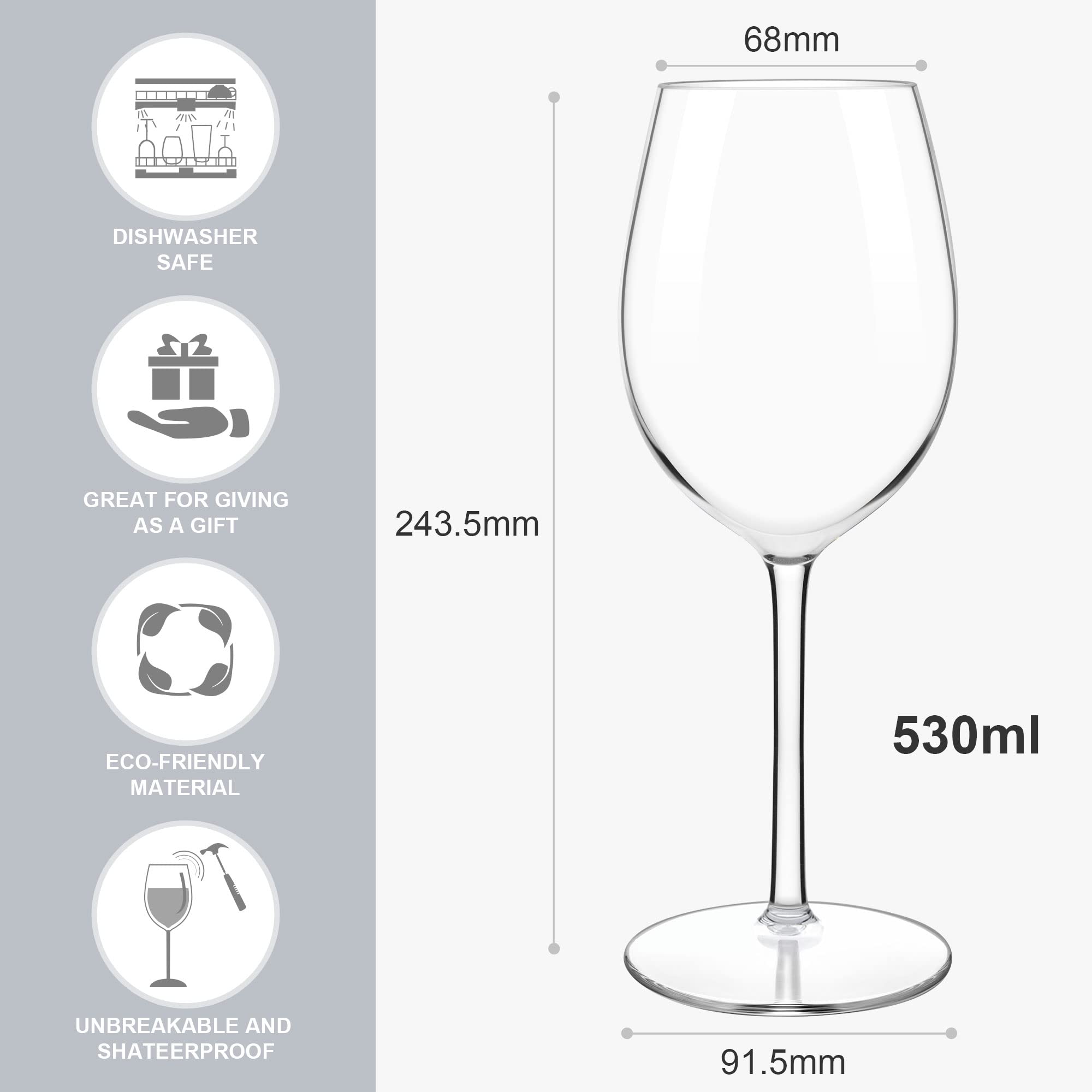 Bicchieri da Vino Rosso Plastica Tritan 530 ML Grandi Bicchieri per Feste Ristoranti Matrimoni Lavabili in Lavastoviglie,Confezione da 4