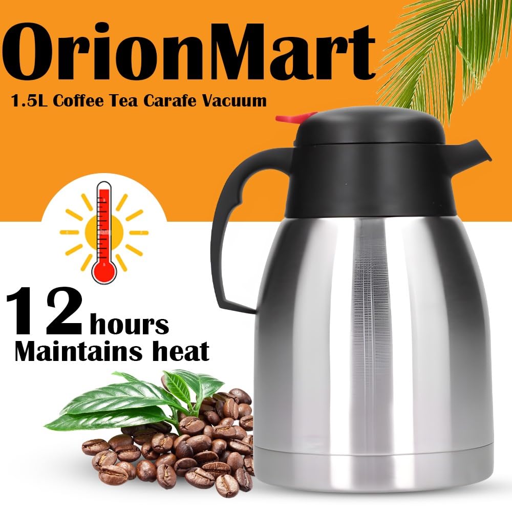OrionMart 1.5L Coffee Tea Carafe Vacuum Jug Double Walled Insulated Stainless Steel Thermal Flask, Silver - Image 4