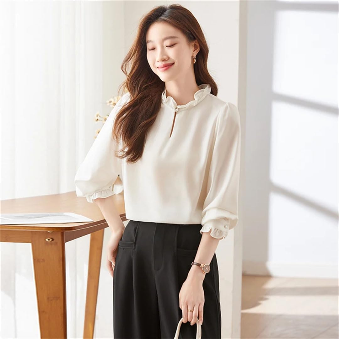 Blusas de satén con cuello de volantes para mujer, elegantes, con un solo botón, transpirables, de manga larga
