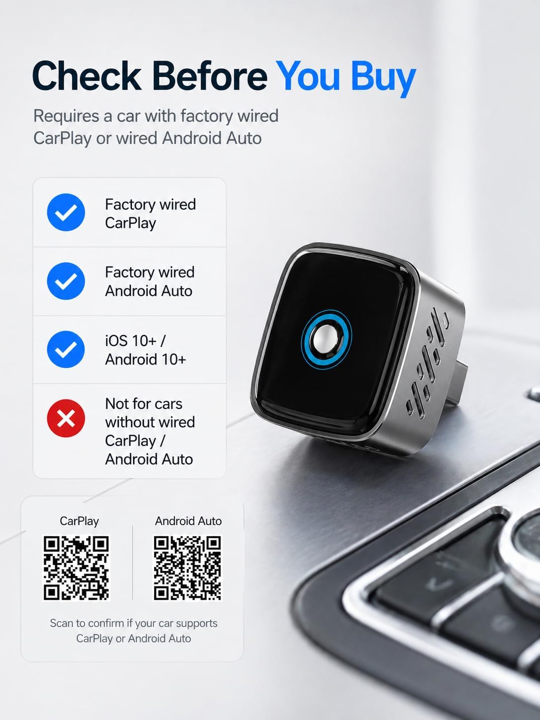 Wireless CarPlay Adapter & Wireless Android Auto Adapter, 2-in-1 Mini Dongle with Multi-Device Switch, 5.8GHz Auto Reconnect, Plug & Play for Factory Wired Cars 2016+ - Silver