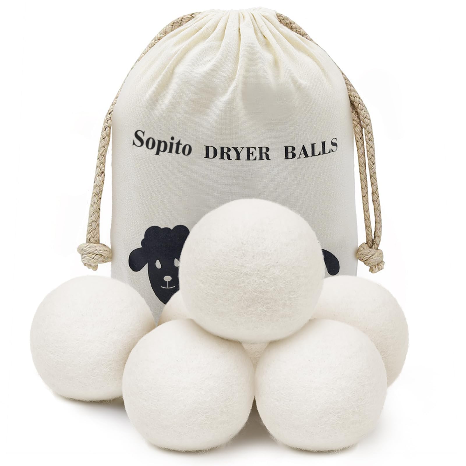 Sopito Bolas Secadora de Ropa, 6 Piezas Bolas De Secado para Secadora de Lana Original XXL, Bolas Lana Natural Reutilizable de Calidad Sin Químicos