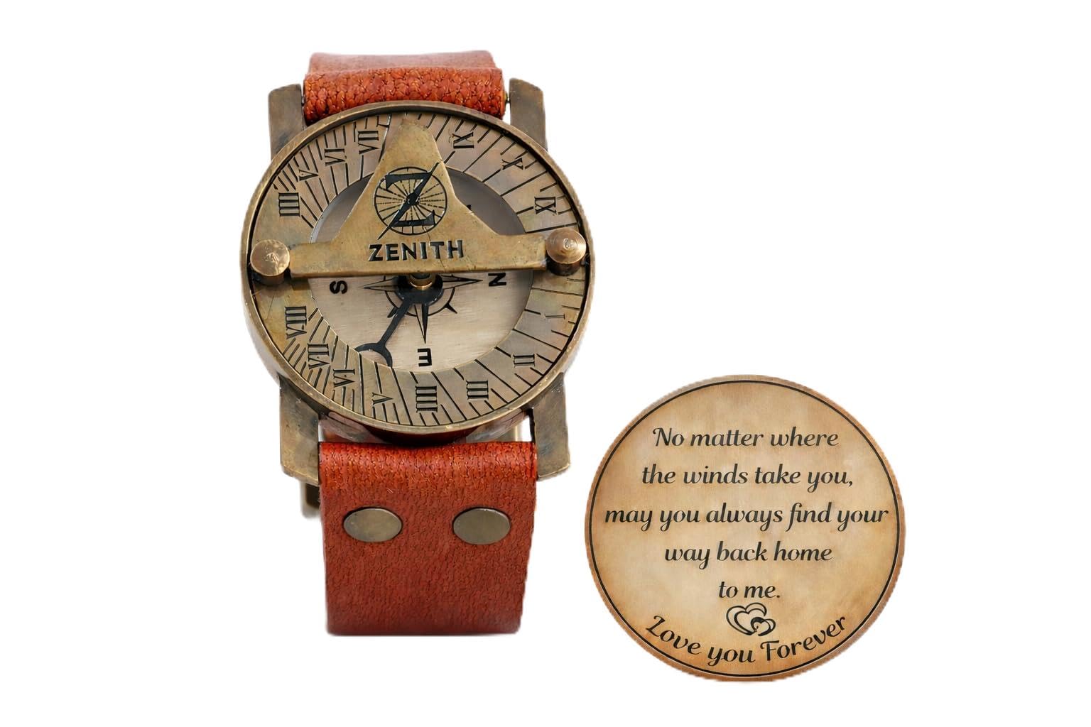 Romantic Engraved Brass Sundial Compas Gift for Men – Vintage Antique Leather Strap Wrist Compass with Love Quote – Vintage Sun Dial Wedding Birthday Gift for Him, Unique Keepsake