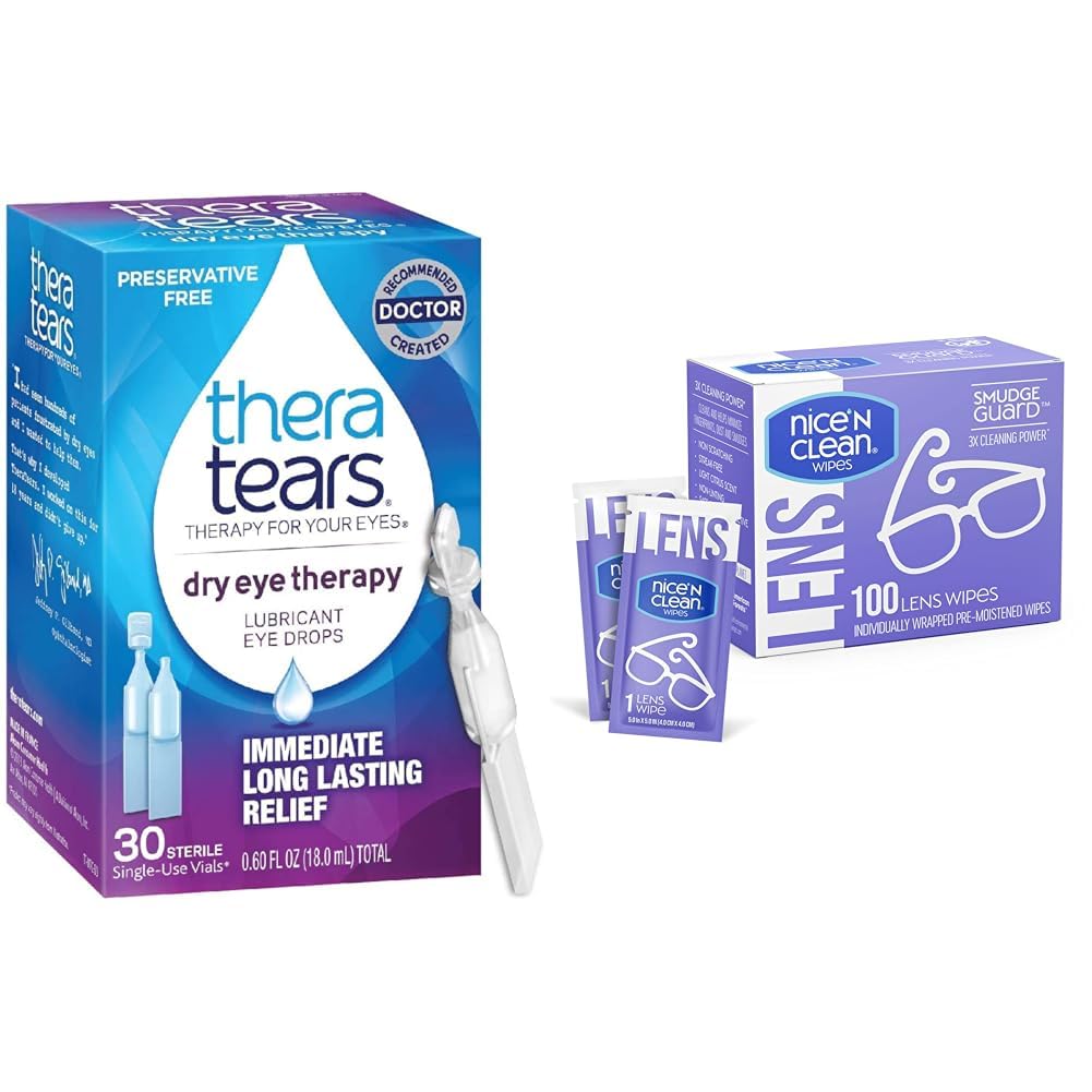 TheraTears Dry Eye Therapy Lubricant Eye Drops, Preservative Free, 30 Vials & Nice 'N Clean SmudgeGuard Lens Cleaning Wipes, 100 Wipes