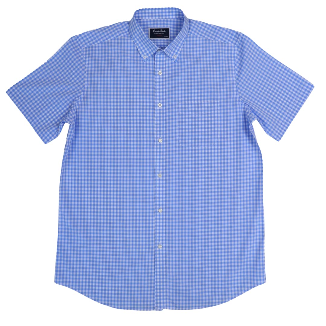 Men's Regular Fit Short Sleeve Shirts Casual Gingham Blue Checked Button Down Collar (XXL)