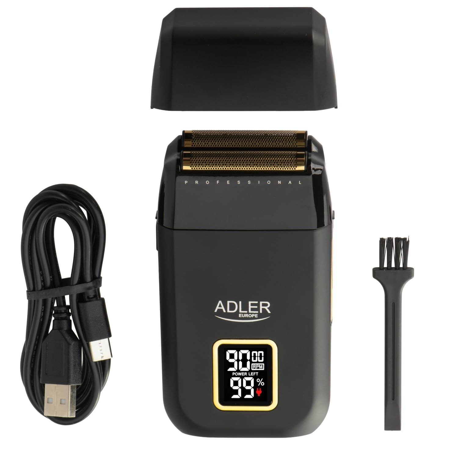 ADLER EUROPE AD 2947 profesjonalna golarka foliowa z podwójną głowicą golącą, folia tytanowa, 3 prędkości 7500-8500 obr./min, wyświetlacz LCD, USB-C, akumulator litowo-jonowy 1400 mAh