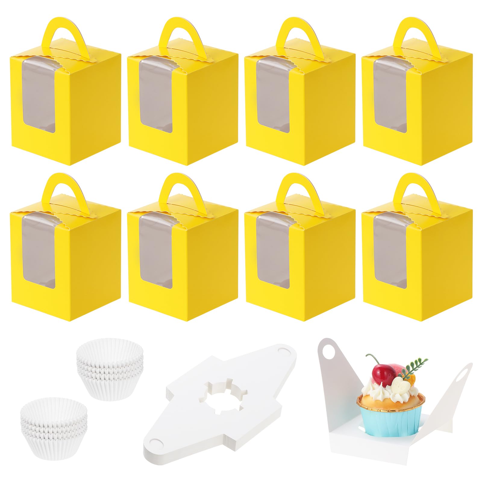Coolty50pcs Cupcake Boxes 1 Holes Cardboard Packaging Boxes Bakery Pastry Boxes with Handle Window and Inserts for Cookies Muffins Cupcakes Desserts Pies (Yellow)