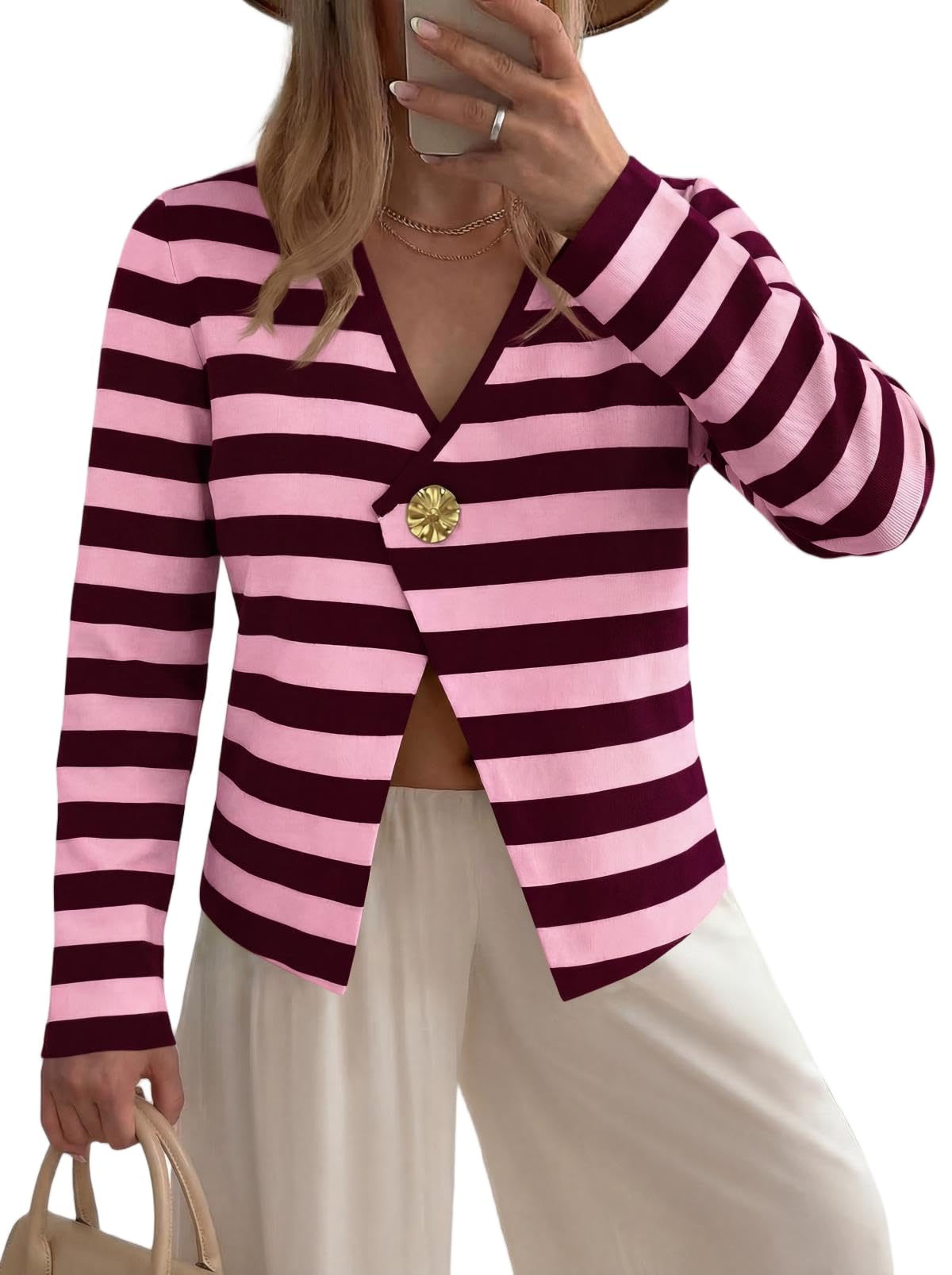 Saodimallsu Strickjacke Damen Langarm Gestreifte Cardigan V-Ausschnitt Leicht Open Front Sweater Slim Fit Elegant Strickcardigan mit Knöpfen