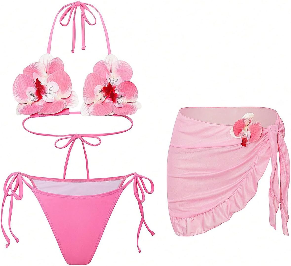 MakeMeChic Women's 3 Piece Swimsuits Floral Halter Triangle Bikini Sets with Cover Up Wrap Skirt