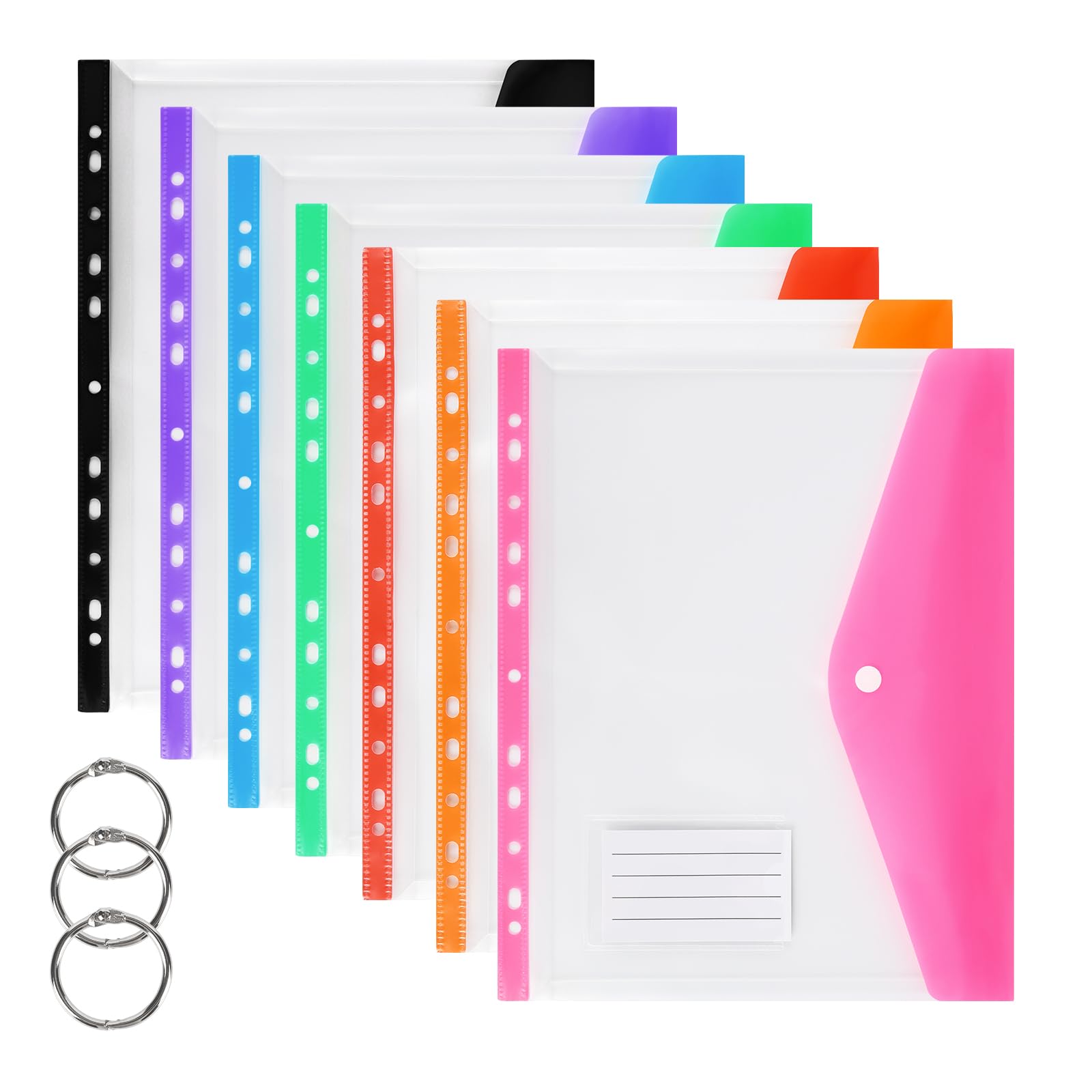 7 Pack A4 Punched Pockets, Plastic Wallets, 11 Holes Expandable Binder Folders for 2/3/4 Ring Document Pouch with Snap Button & Label Loose-Leaf Transparent for Office School Home (7 Pcs Horizontal)