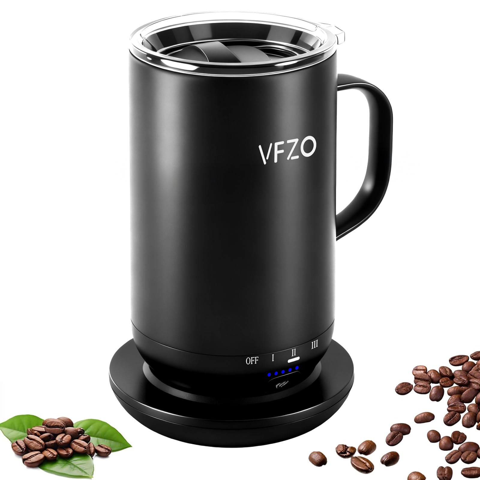 VFZO 18oz self-heating coffee mug black with lid and charging coaster