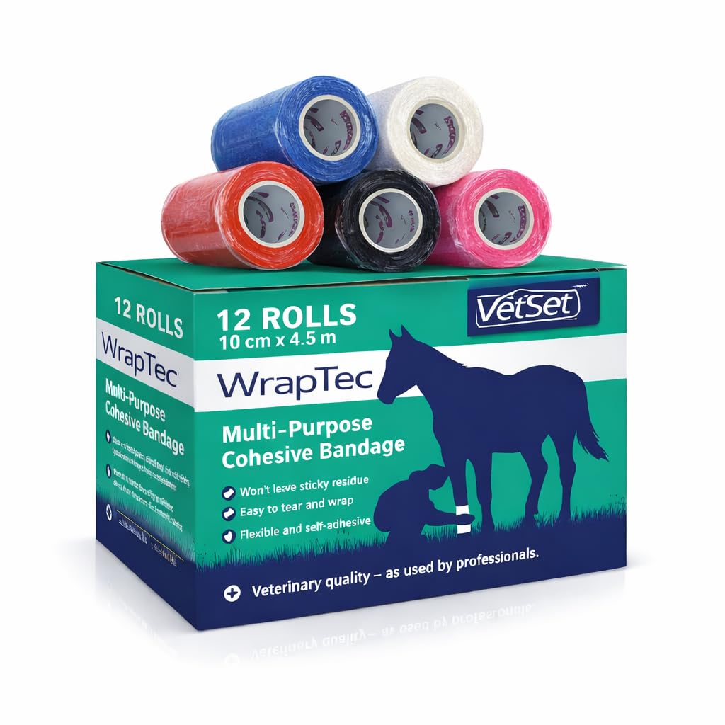 VetSet WrapTec | Vet Wrap Cohesive Bandage Rolls for Horses & Dogs, Box of 12 | Self-Adhesive 10cm x 4.5m Flexible Veterinary Wrap | Non-Slip Support for Legs, Tendons & Hoof Poultices (12 Pack)
