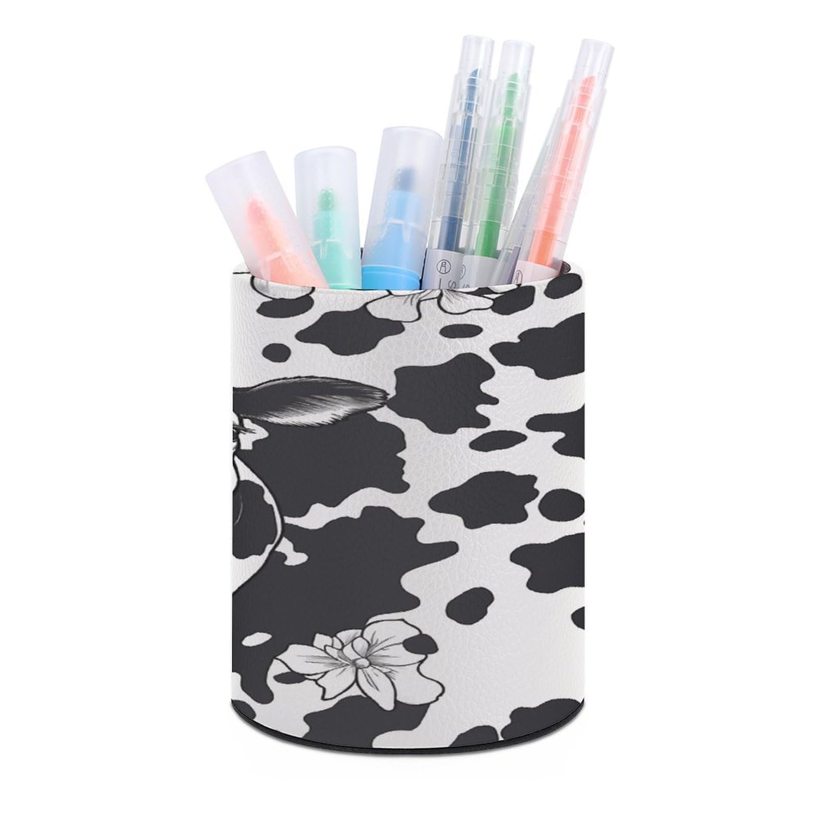 MUSM Black And White Cow Pen Holder Large Capacity Pen Holder Modern PU Pencil Holders Durable Waterproof Pens Cup for Home Office Desktop Organizer