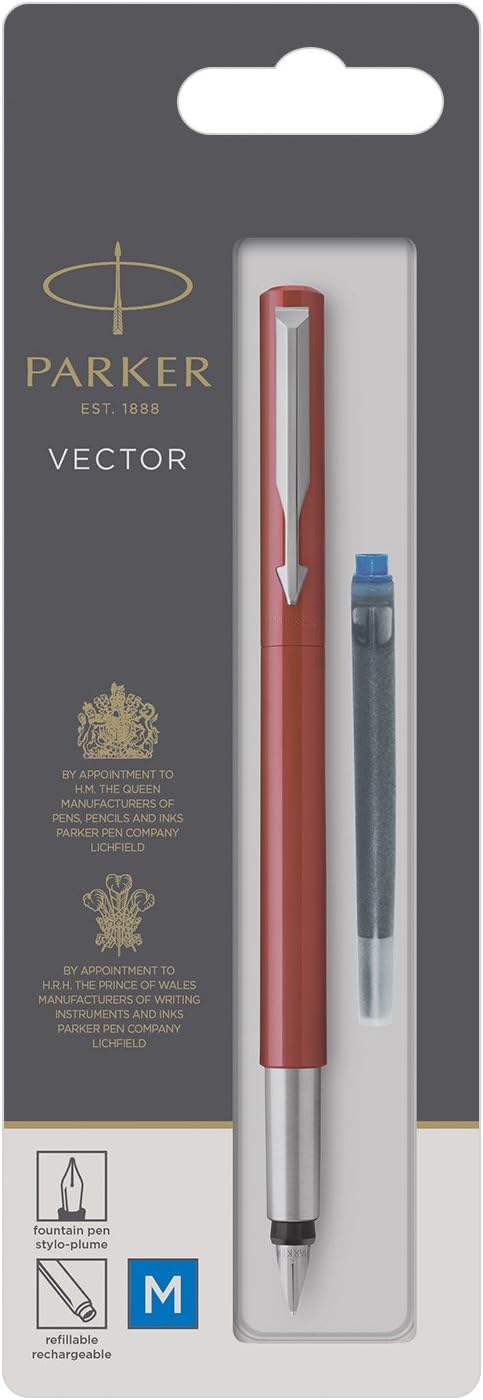 PARKER 2025443 Vector Fountain Pen, Stainless Steel with Chrome Trim, Fine Nib, Blue Ink, Gift Box
