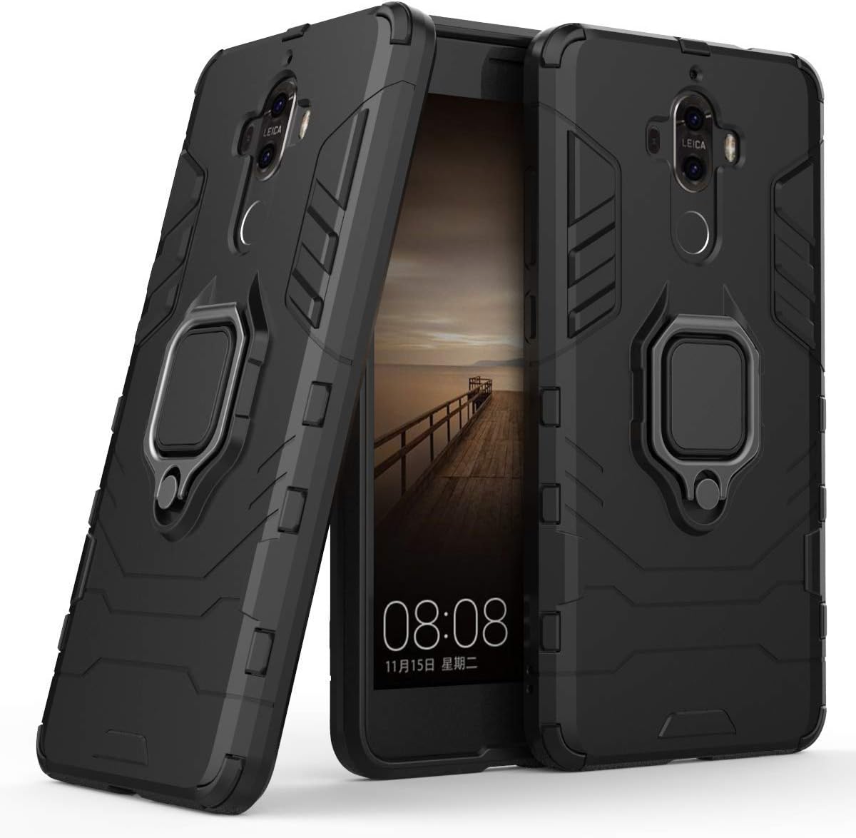 Compatible with Huawei Mate 9 Case, Metal Ring Grip Kickstand Shockproof Hard Bumper (Works with Magnetic Car Mount) Dual Layer Rugged Cover for Huawei Mate9 (Black)