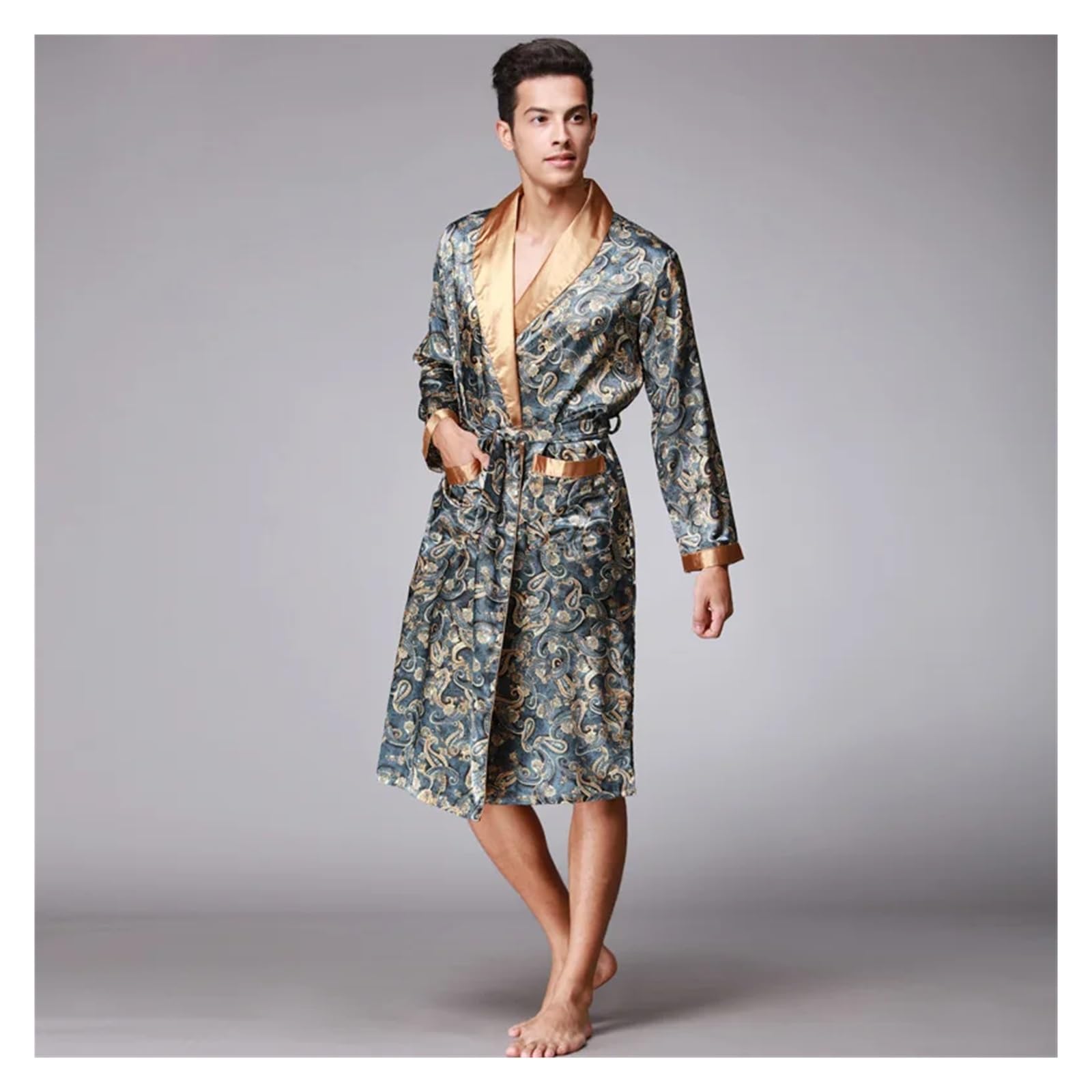 Bata Hombre Seda, Ropa De Dormir De Seda Satinada, Bata De Baño De Verano, Pijama De Manga Larga, Bata De Dormir, Pijama Sleepwar Hombre para SPA (Coffee, XXL)