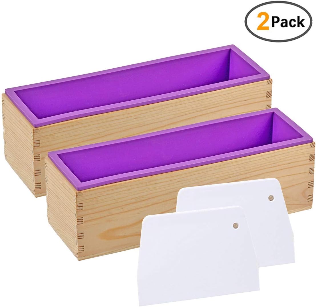 Accguan Purple Flexible Rectangular Silicone Soap Mold with Large Pine Wood Box for Homemade Produce 1.2 Kg Art Craft Soap Making Mold (2 Pcs)