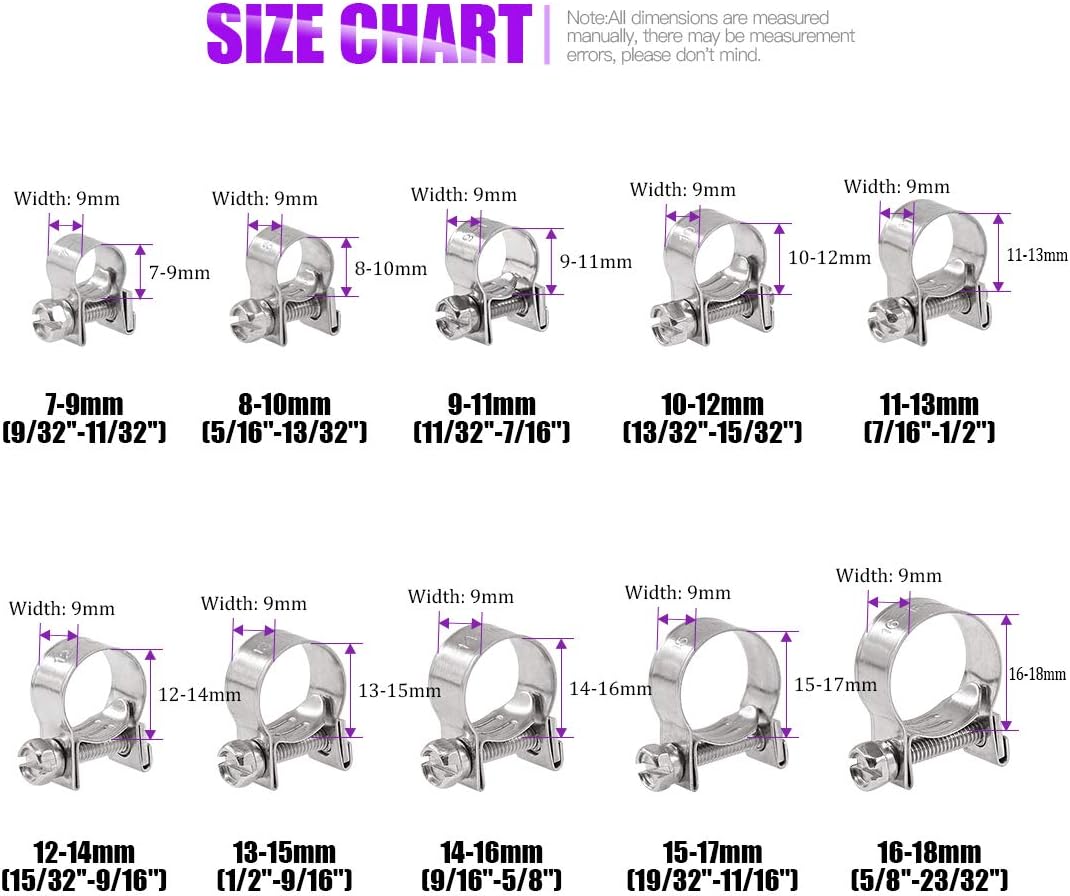 Swpeet 50Pcs 10 Sizes 304 Stainless Steel Mini Fuel Injection Line Style Hose Clamp Assortment Kit and 12Pcs 10MM-12MM 304 Stainless Steel Mini Fuel Injection Line Style Hose Clamp