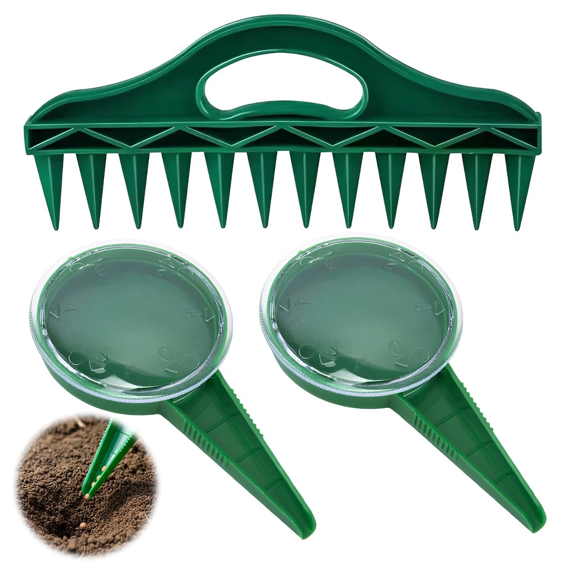 2pcs Seminatore manuale regolabile con 1 pc rastrello verde scuro per piantare verdure frutta e fiori per appassionati di giardinaggio
