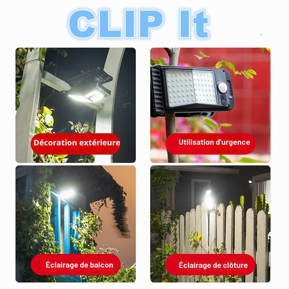 Lampes de sécurité solaires extérieures avec détecteur de mouvement à clip, 72 LED Lampes solaires super lumineuses pour jardin extérieur, IP65 Lampes de camping extérieures étanches, Éclairage à clip